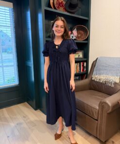 Navy V-Neck Smocked Puff Sleeve Midi Dress