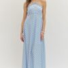 Striped Embroidered Halter Maxi Dress - Light Blue