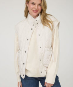 Quilted Puffer Vest With Bow Details - Champagne