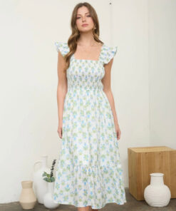 Floral Tile Pattern Smocked Sleeveless Midi Dress-Blue Multi