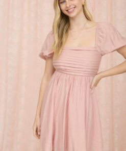Pleated Top Puff Sleeve Mini Dress - Dusty Peach