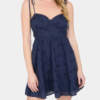 Floral Embroidery Tie Strap Mini Dress - Navy