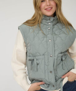 Quilted Puffer Vest With Bow Details - Sage