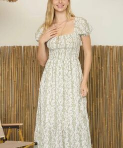Sage Floral Puff Sleeve Smocked Midi Dress