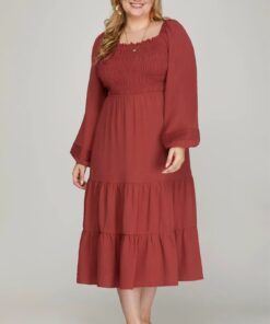 Long Sleeve Smocked Midi Dress - Brick Red