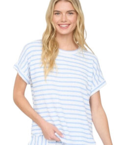 Short Sleeve Textured Striped Knit Set - Blue/White