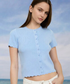 Scalloped Trim Short Sleeve Knit Cardigan - Dusty Blue