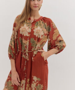 Alternative view of Rust Floral Midi Dress With Waist Tie
