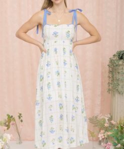 Alternative view of Floral Tile Scallop Tie Strap Midi Dress - Blue