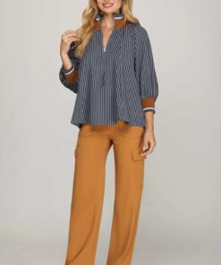 Alternative view of 3/4 Sleeve Half Zip Striped Top - Navy/Brown