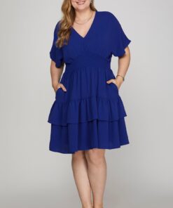 Drop Shoulder Smocked Waist Tiered Mini Dress - Royal Blue