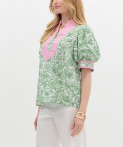 Alternative view of Grandmillennial Puff Sleeve Top - Pink/Green