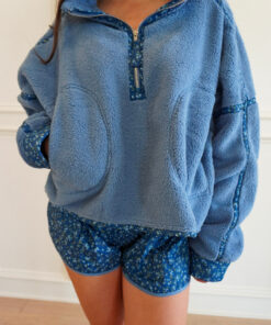 Alternative view of Blue Floral Printed Shorts and Floral Piped Sherpa Sweatshirt Set