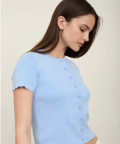 Alternative view of Scalloped Trim Short Sleeve Knit Cardigan - Dusty Blue