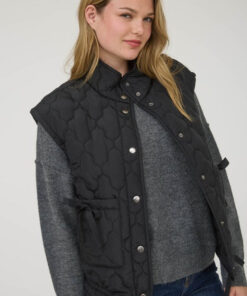 Quilted Puffer Vest With Bow Details - Black
