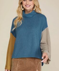 Alternative view of Dusty Blue Knit Color Block Top